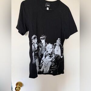 Black Graphic Band Tee with Monochrome Cartoon Characters